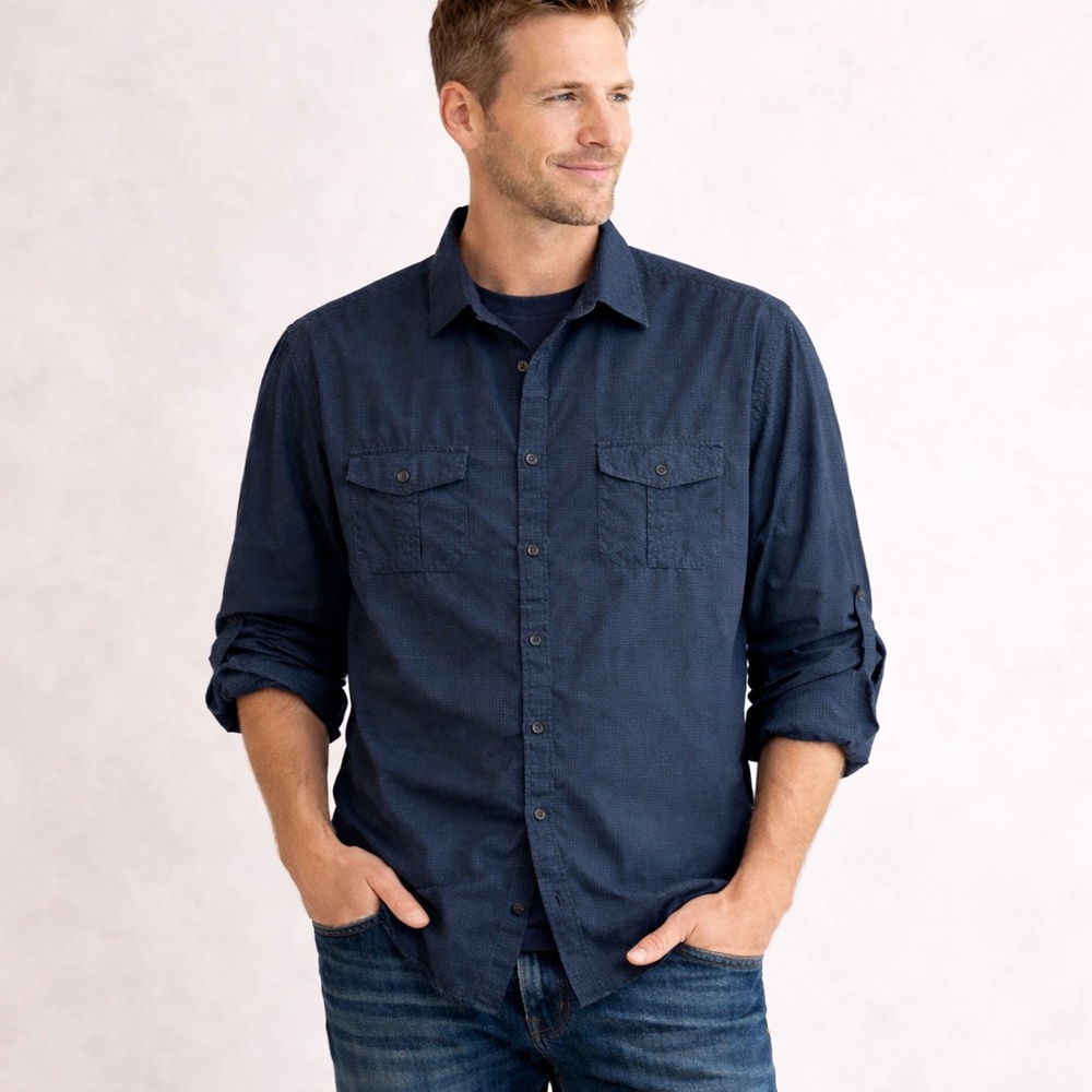 Axist Dark Blue Micro Check Button Down Shirt XL Tall Casual Roll Sleeve